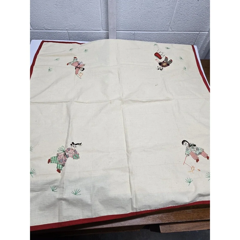 Vintage Embroidered Tablecloth Linen Multi-Color Dancers on White 34.25
